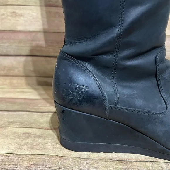 Ugg Black Leather Joely Waterproof Wedge Boots