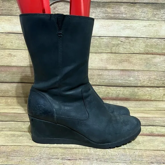 Ugg Black Leather Joely Waterproof Wedge Boots