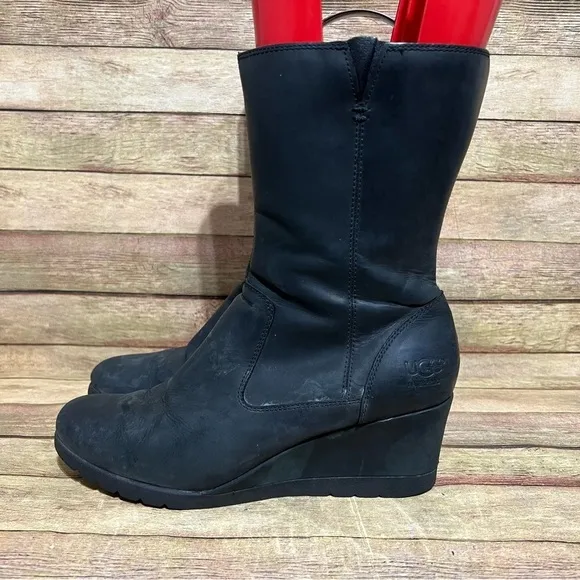 Ugg Black Leather Joely Waterproof Wedge Boots