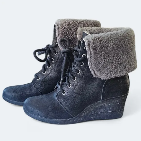 UGG Bootie Zea Black Women’s Ankle Boots Sherpa Lined Wedge Booties Size 7