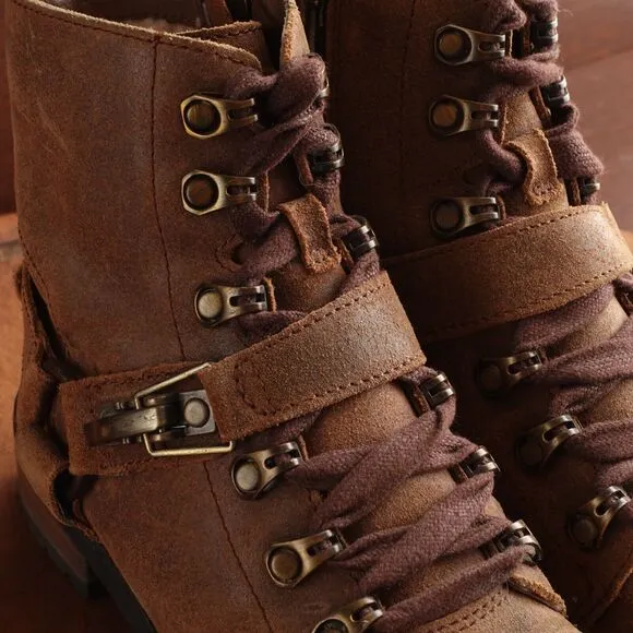 UGG Boots Womens Size 6 Brown Fritzi Leather Moto Side Zip Fur Lined Western