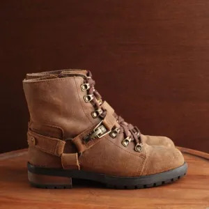 UGG Boots Womens Size 6 Brown Fritzi Leather Moto Side Zip Fur Lined Western