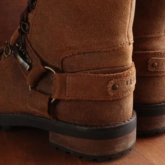 UGG Boots Womens Size 6 Brown Fritzi Leather Moto Side Zip Fur Lined Western