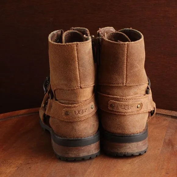 UGG Boots Womens Size 6 Brown Fritzi Leather Moto Side Zip Fur Lined Western