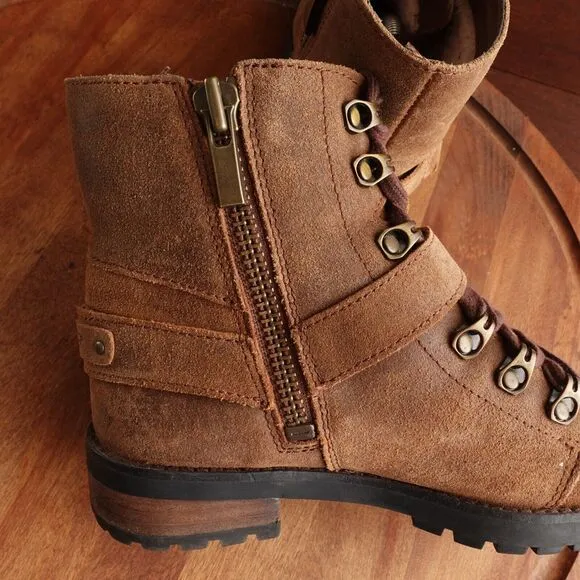 UGG Boots Womens Size 6 Brown Fritzi Leather Moto Side Zip Fur Lined Western