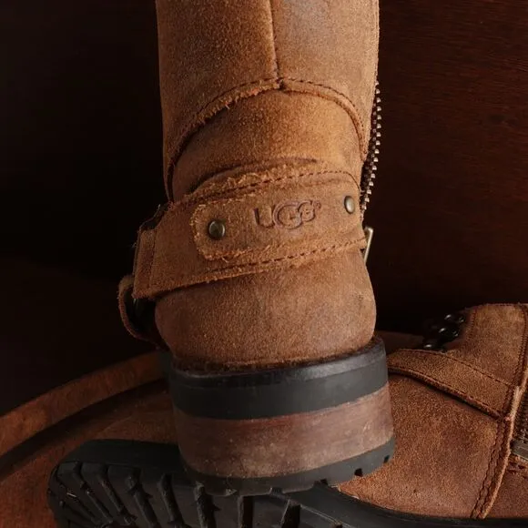 UGG Boots Womens Size 6 Brown Fritzi Leather Moto Side Zip Fur Lined Western