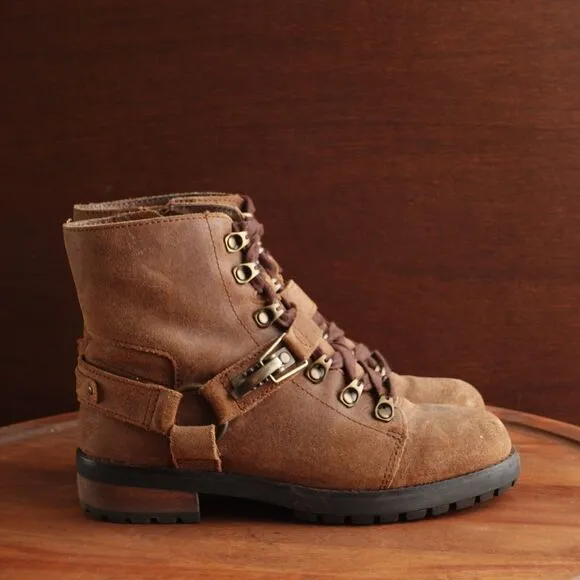 UGG Boots Womens Size 6 Brown Fritzi Leather Moto Side Zip Fur Lined Western