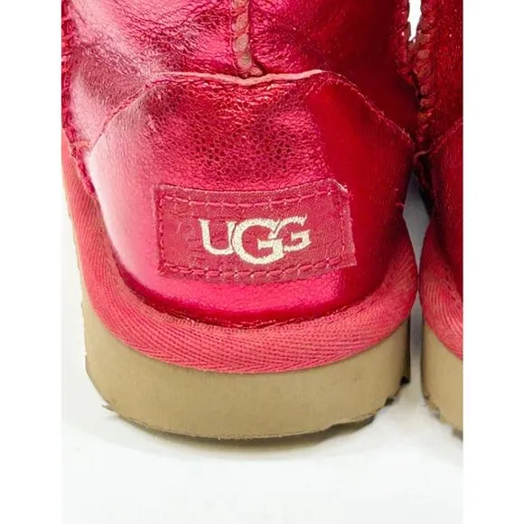 UGG Classic II Red Metallic Sparkle Boots Shearling Fur Youth Girls Sz 10