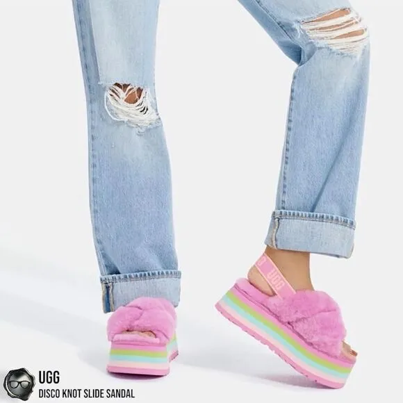 UGG DISCO KNOT PLATFORM SLIDE SANDAL IN WILDFLOWER FUCHSIA SIZE 7 WOMEN’S SHOE