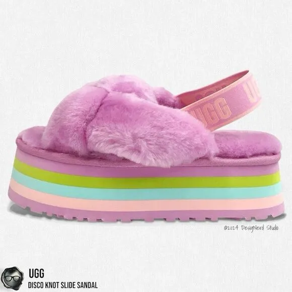 UGG DISCO KNOT PLATFORM SLIDE SANDAL IN WILDFLOWER FUCHSIA SIZE 7 WOMEN’S SHOE