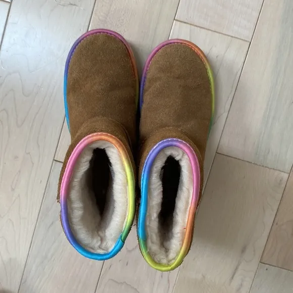 Ugg girls brown rainbow shearling sheepskin fur lined suede leather boots