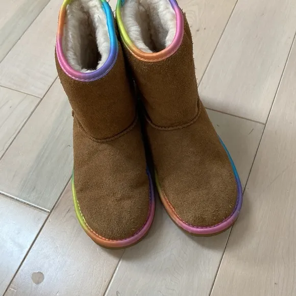 Ugg girls brown rainbow shearling sheepskin fur lined suede leather boots
