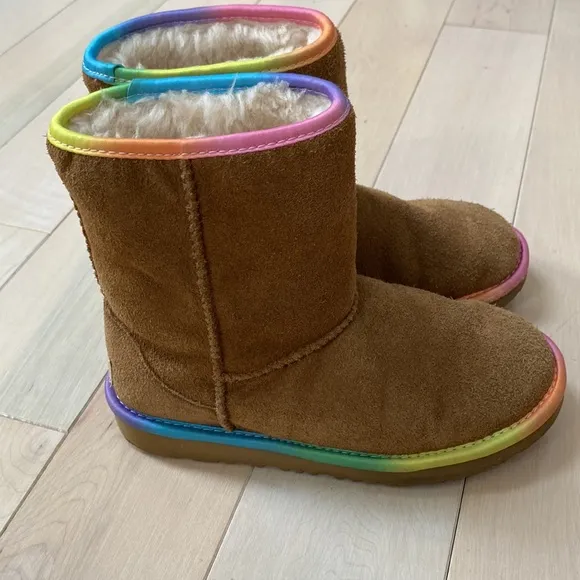 Ugg girls brown rainbow shearling sheepskin fur lined suede leather boots