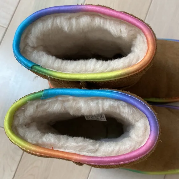 Ugg girls brown rainbow shearling sheepskin fur lined suede leather boots