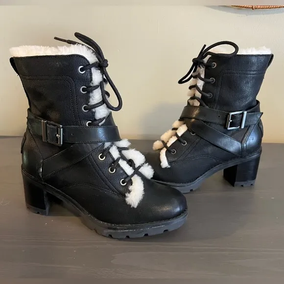 UGG Ingrid Leather Sheepskin Lace Up Boots