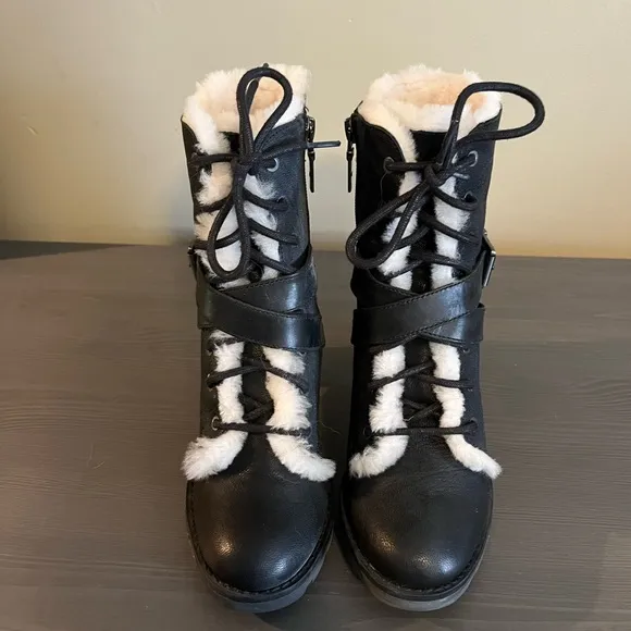 UGG Ingrid Leather Sheepskin Lace Up Boots