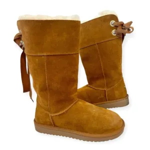 UGG KOOLABURRA Andrah Tall Suede Sheepskin Lined Bow Back Boots Camel Sz 10 NWOB