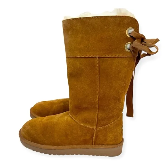 UGG KOOLABURRA Andrah Tall Suede Sheepskin Lined Bow Back Boots Camel Sz 10 NWOB