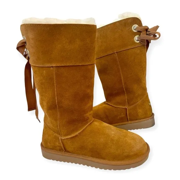 UGG KOOLABURRA Andrah Tall Suede Sheepskin Lined Bow Back Boots Camel Sz 10 NWOB