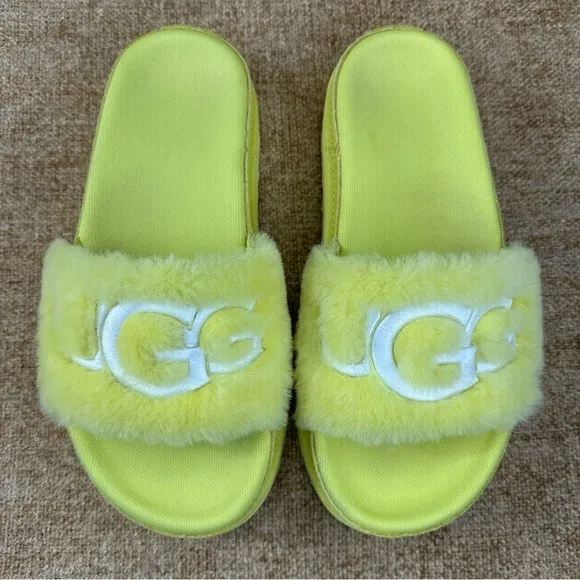 UGG Latin Fur Margarita Yellow Slides/Sandals Women’s Size 8
