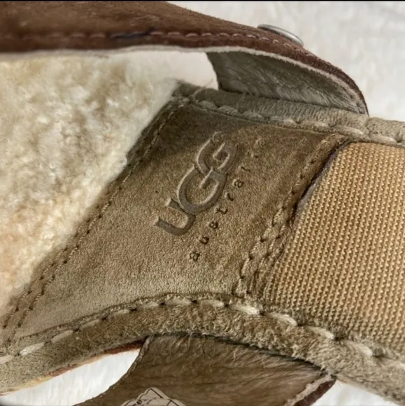 UGG Margot Brown Leather Shearling Wedge Espadrille Slip On Sandals