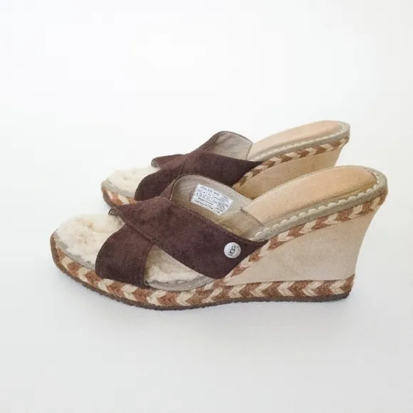 UGG Margot Brown Leather Shearling Wedge Espadrille Slip On Sandals