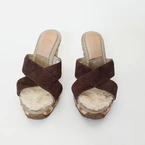 UGG Margot Brown Leather Shearling Wedge Espadrille Slip On Sandals