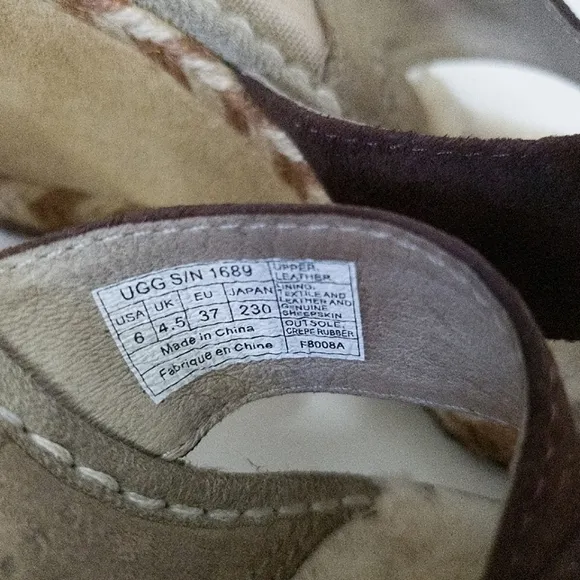 UGG Margot Brown Leather Shearling Wedge Espadrille Slip On Sandals