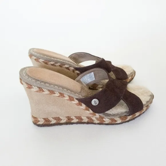 UGG Margot Brown Leather Shearling Wedge Espadrille Slip On Sandals