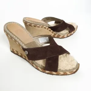 UGG Margot Brown Leather Shearling Wedge Espadrille Slip On Sandals