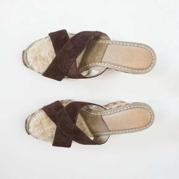 UGG Margot Brown Leather Shearling Wedge Espadrille Slip On Sandals