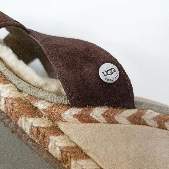 UGG Margot Brown Leather Shearling Wedge Espadrille Slip On Sandals