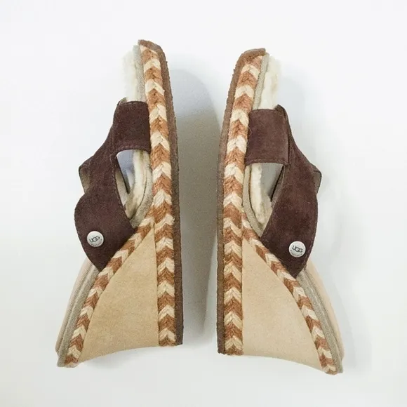 UGG Margot Brown Leather Shearling Wedge Espadrille Slip On Sandals