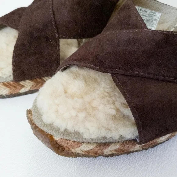 UGG Margot Brown Leather Shearling Wedge Espadrille Slip On Sandals