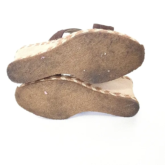 UGG Margot Brown Leather Shearling Wedge Espadrille Slip On Sandals