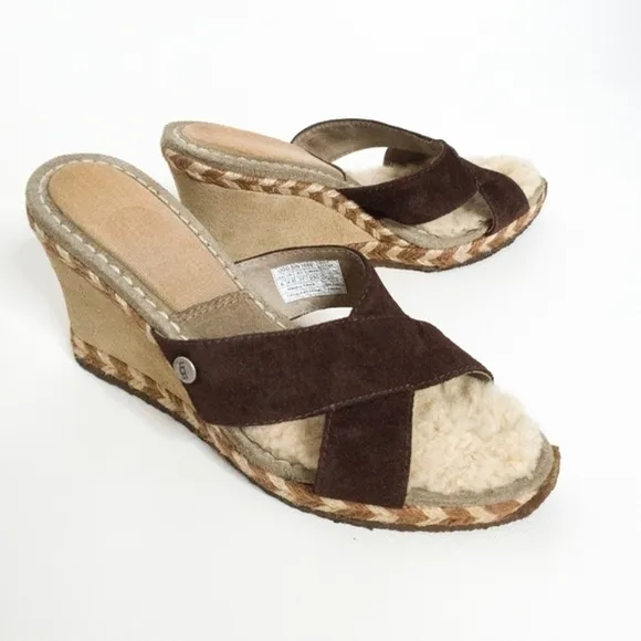 UGG Margot Brown Leather Shearling Wedge Espadrille Slip On Sandals