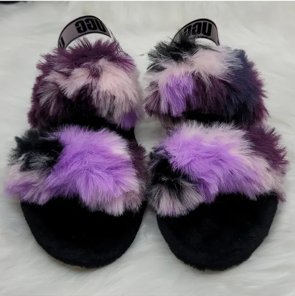 UGG OH YEAH TIE DYE MAGNOLIA SLIDE SLIPPERS FUZZY BLACK PURPLE PINK CREAM