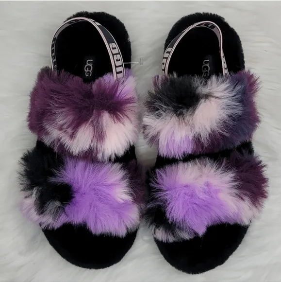 UGG OH YEAH TIE DYE MAGNOLIA SLIDE SLIPPERS FUZZY BLACK PURPLE PINK CREAM