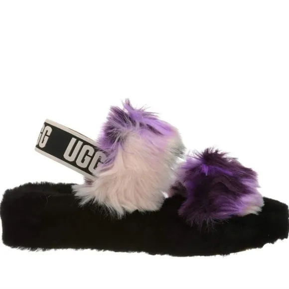 UGG OH YEAH TIE DYE MAGNOLIA SLIDE SLIPPERS FUZZY BLACK PURPLE PINK CREAM