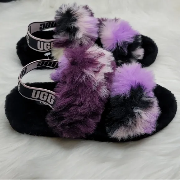 UGG OH YEAH TIE DYE MAGNOLIA SLIDE SLIPPERS FUZZY BLACK PURPLE PINK CREAM
