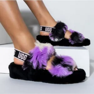 UGG OH YEAH TIE DYE MAGNOLIA SLIDE SLIPPERS FUZZY BLACK PURPLE PINK CREAM