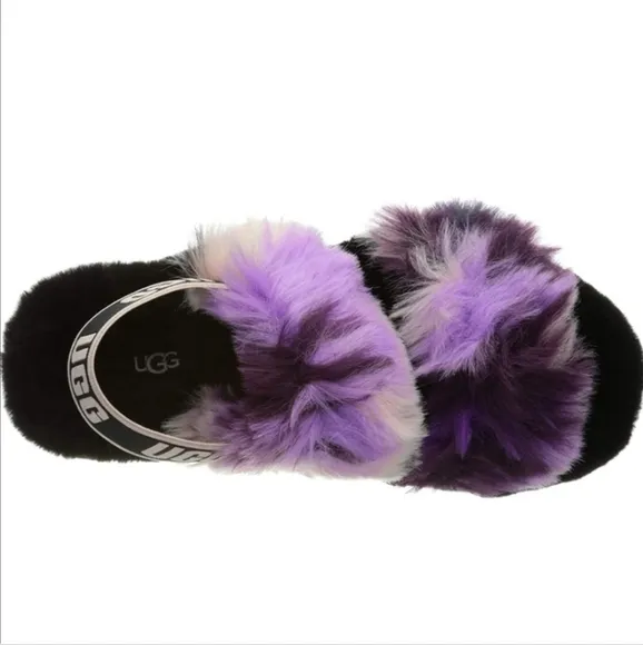 UGG OH YEAH TIE DYE MAGNOLIA SLIDE SLIPPERS FUZZY BLACK PURPLE PINK CREAM