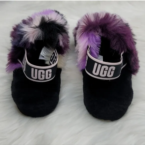 UGG OH YEAH TIE DYE MAGNOLIA SLIDE SLIPPERS FUZZY BLACK PURPLE PINK CREAM