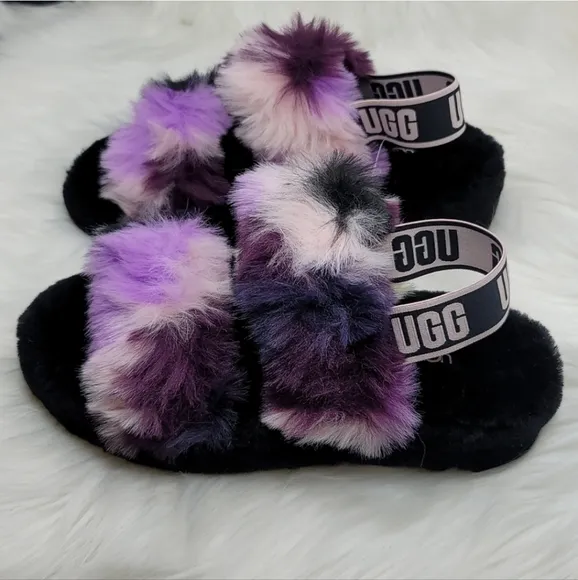 UGG OH YEAH TIE DYE MAGNOLIA SLIDE SLIPPERS FUZZY BLACK PURPLE PINK CREAM