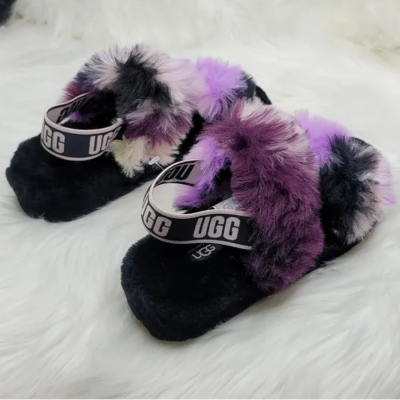 UGG OH YEAH TIE DYE MAGNOLIA SLIDE SLIPPERS FUZZY BLACK PURPLE PINK CREAM