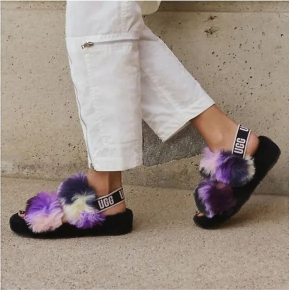 UGG OH YEAH TIE DYE MAGNOLIA SLIDE SLIPPERS FUZZY BLACK PURPLE PINK CREAM