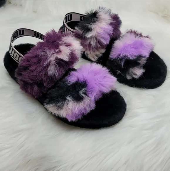 UGG OH YEAH TIE DYE MAGNOLIA SLIDE SLIPPERS FUZZY BLACK PURPLE PINK CREAM