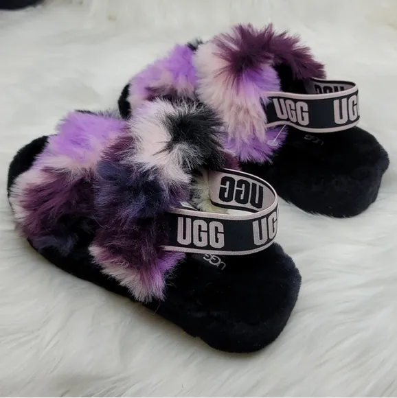 UGG OH YEAH TIE DYE MAGNOLIA SLIDE SLIPPERS FUZZY BLACK PURPLE PINK CREAM