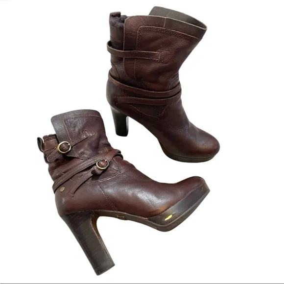 UGG Olivia Brown Leather High Heel Platform ankle Boots 1005645 Women's US 6.5