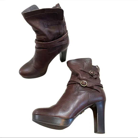UGG Olivia Brown Leather High Heel Platform ankle Boots 1005645 Women's US 6.5
